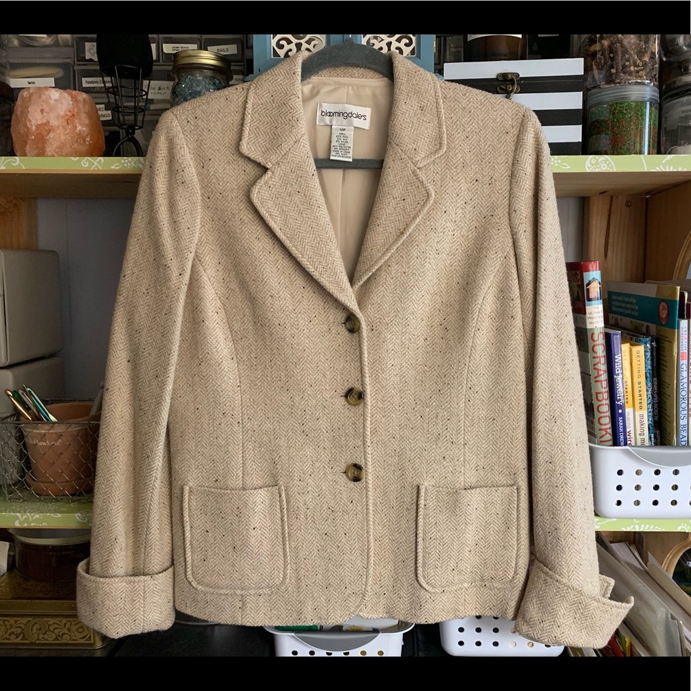 Cream Tan Bloomingdales Wool Texture Blazer